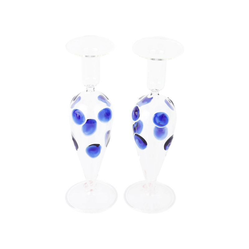 Drop 9.5'' H Glass Tabletop Candlestick, Blue/Clear