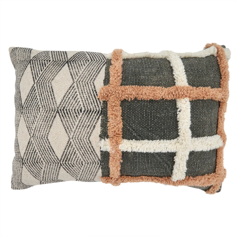 Geometric Embroidered Rectangular Throw Pillow with Tufted Design