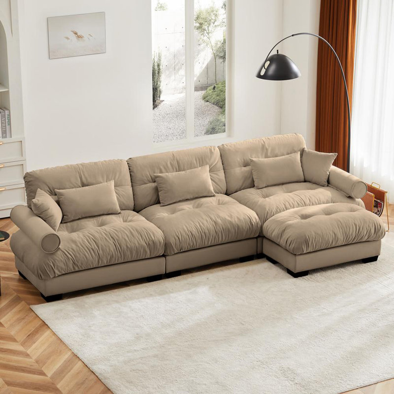 Luxurious Oversized Velvet Sectional, Camel Velvet, 35" H x 130" W x 37" D