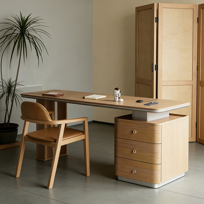 Bureau italien minimaliste en bois massif multicouche aux teintes claires, 29.53" H x 70.87" W x 27.56" D