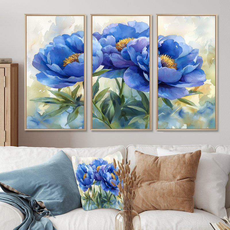 Pivoines bleues dans la prairie II - décorations murales pivoines - 3 pièces, H 28 po x l 36 po, Érable