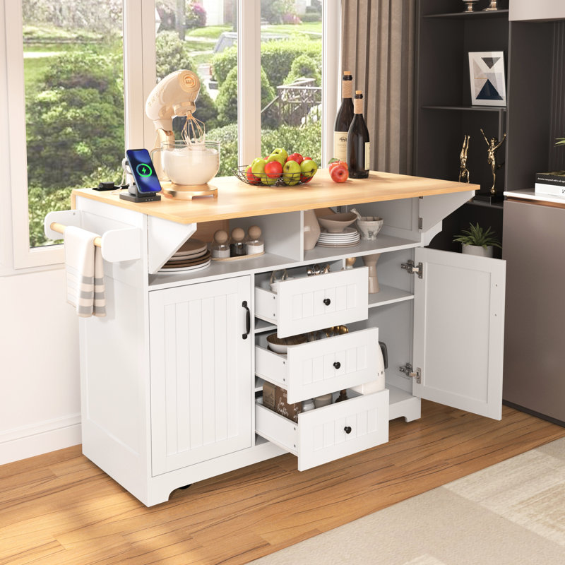 55.7'' Kitchen Island With 2 Folding Leaves, 5 Wheels Mobility, Electrical Outlet, Dining Table, 3 Drawers, White Drop Leaf, 5 Motion, Power Socket, Towel Rack,