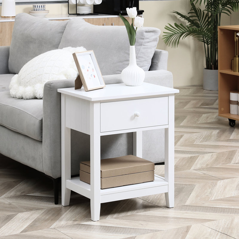 White 2 Side Table With Drawer And Storage, Versatile End For Living Room, 13.99 Inches Deep Table, Modern 13.99'' Depth