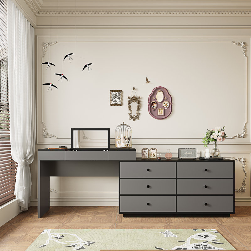 95.6'' Extendable Makeup Vanity Desk With Flip-Top Mirror And Storage Drawers Home Office Desk, Dark Gary
