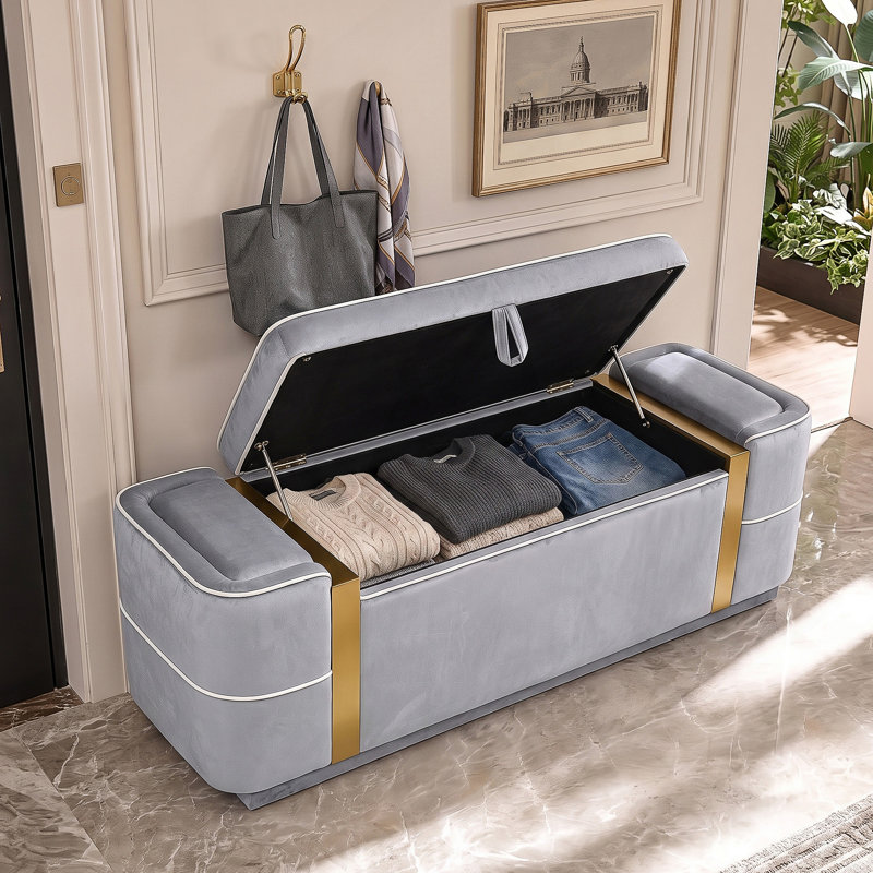 Banc de rangement moderne, banc ottoman rembourré, banc de bout de lit, banc d'entrée, Gris, Gris