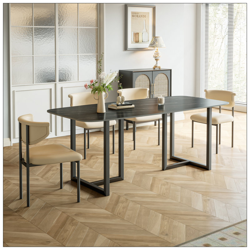 Table de salle à manger en acier au carbone avec surface en pierre noire Lauren - supporte jusqu'à 71 kg