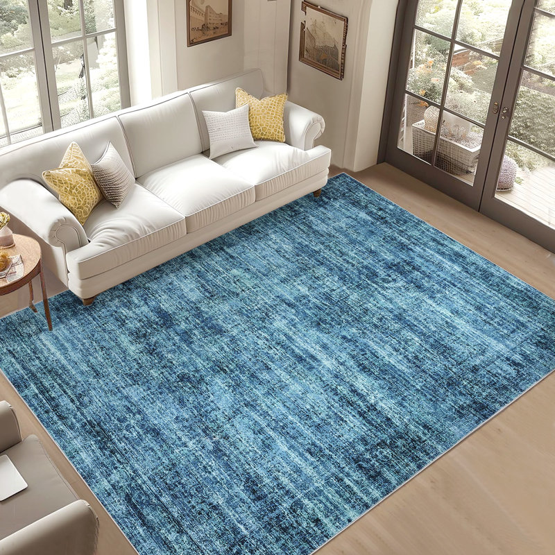 Washable Area Rug, Vintage Distressed Low Pile Non-Slip Foldable Retro Abstract Indoor Floor Carpet, Blue, 6'x9', Blue