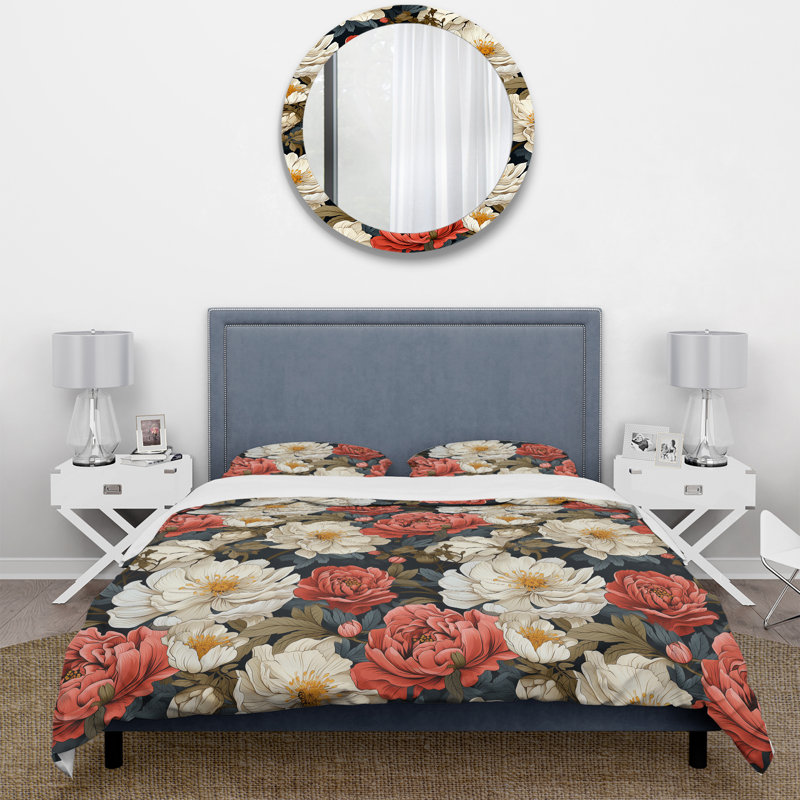 Ensemble de housse de couette beige et rouge clair, Housse de couette simple + 1 taie décorative stan