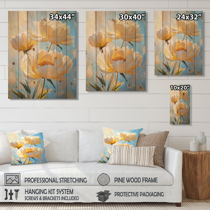 Vintage pivoines crème ensoleillées I - impression de pivoines sur bois de pin naturel, H 32 po x l 24 po x P 0,78 po