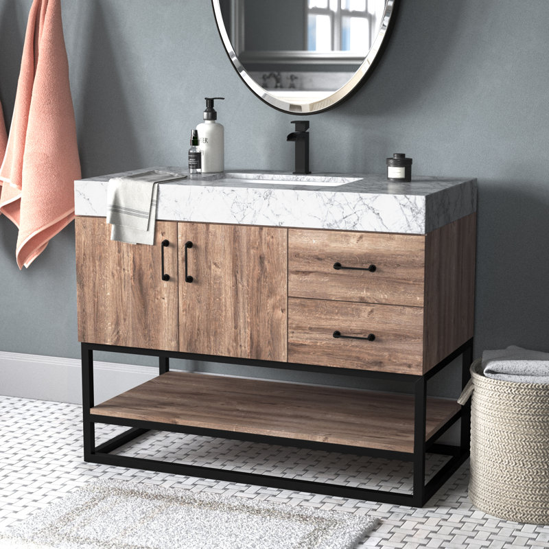 Alistair 42'' Single Bathroom Vanity with Engineered Stone Top, Matte Black, Natural Oak