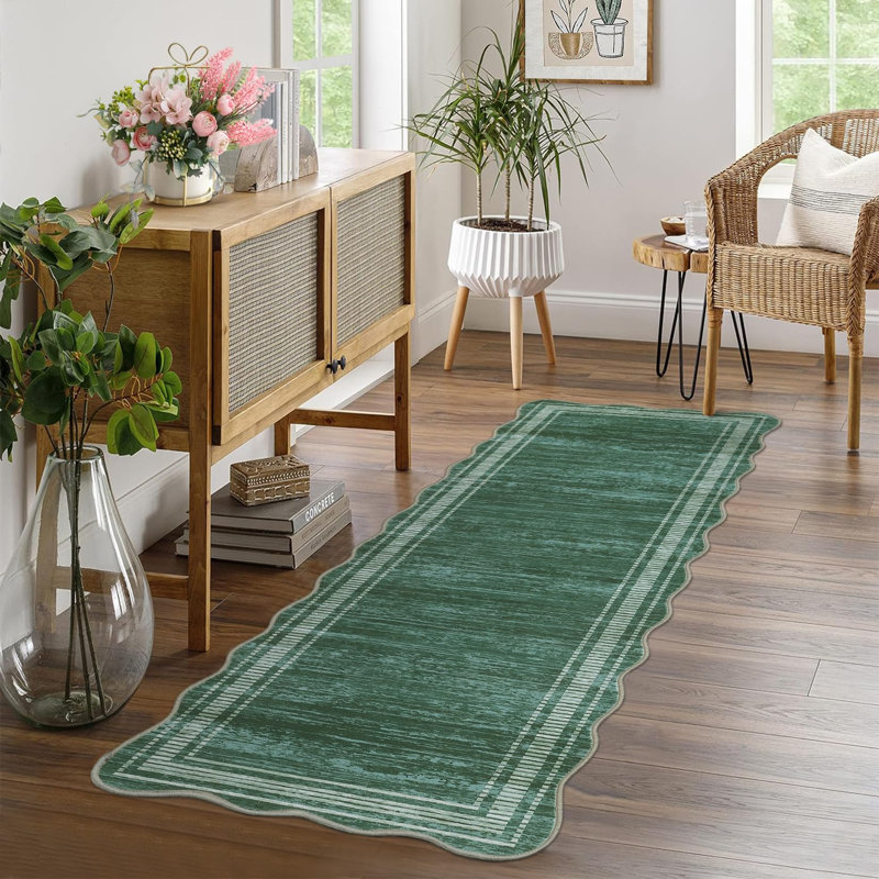 Scalloped Edge Area Rug 2' x 6' Low-Pile Stain-Resistant Fabric Non-Slip Backing Neutral Green Carpet for Living Room Bedroom and Nursery