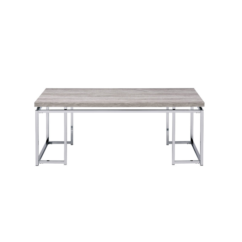 Table basse en chêne naturel moderne avec cadre chromé et tablette de présentation