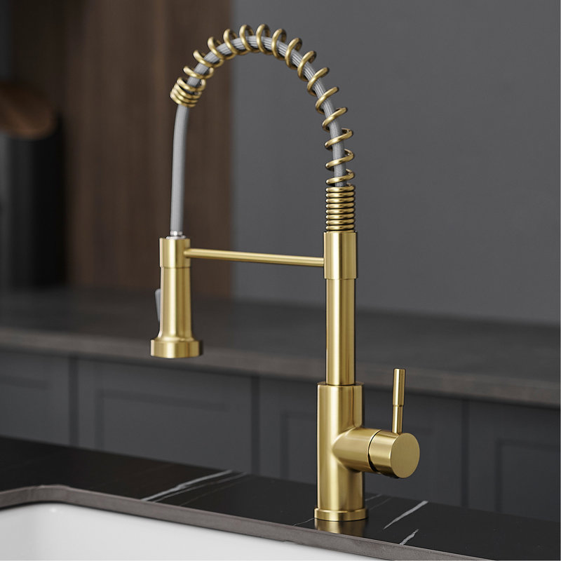 Contemporary Brushed Gold Kitchen Faucet, Pull Down , Stainless Steel, Ceramic Valve Aerated Stream Feature, Gold
