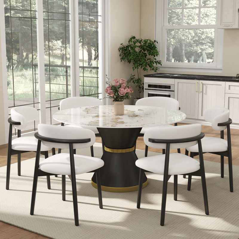 Ensemble de salle à manger rond 7 pièces en pierre frittée avec 6 chaises de salle à manger en similicuir, Beige
