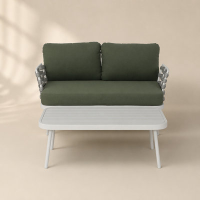 Causeuse et table en acier Mariano, blanc cassé + vert, corde résistante aux intempéries et structure en métal durable