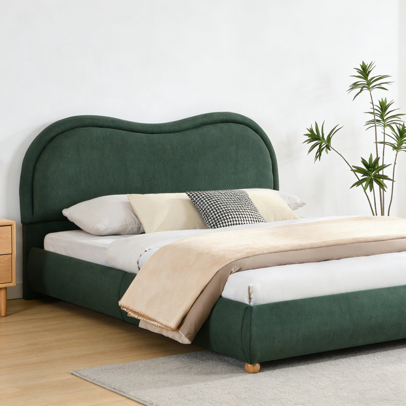 Structure de lit plateforme grand tapissier avec tête de lit arrondie à coins arrondis, lattes en bois, pieds en bois de chêne massif, tissu chenille, aucun sommier requis, assemblage facile, vert olive