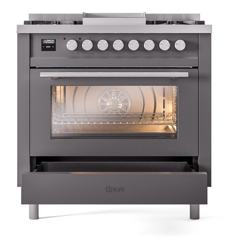 Cuisinière à double combustible 36 ILVE Professional Plus II, 6 brûleurs scellés, plaque chauffante (graphite mat)