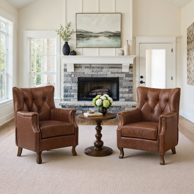 Fauteuil d'appoint Redi 29,5 po (75 cm) de largeur en cuir véritable avec dossier capitonné, idéal pour le salon, la chambre ou le bureau.