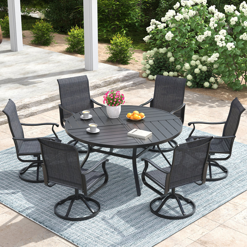 6-Person Round Patio Dining Set With  360° Swivel PVC-Coated Polyester Chairs, Black/Black/Black
