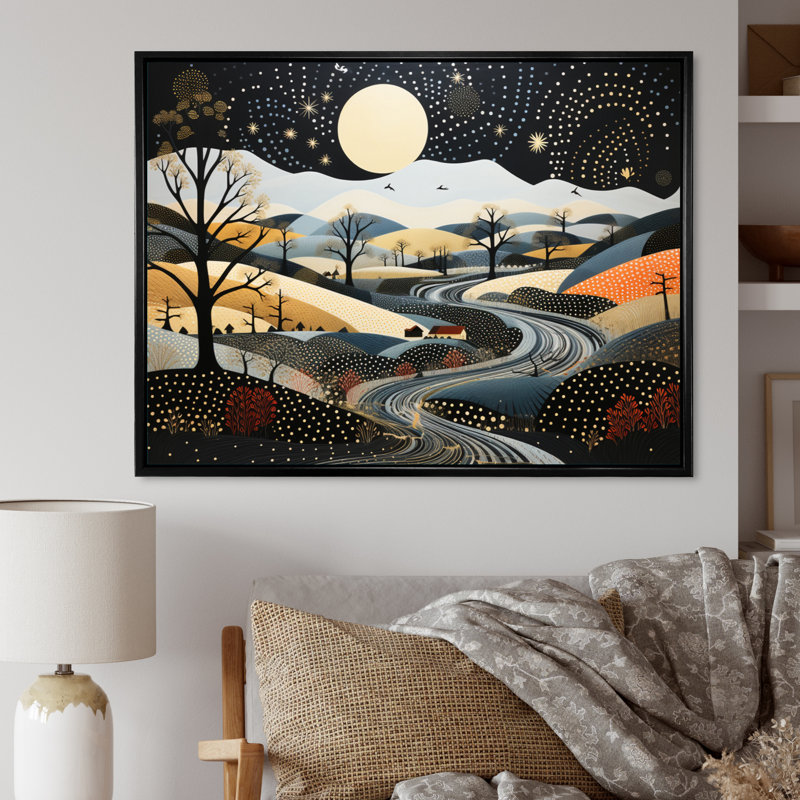 "Blue and Gold Modern African Landscape IV", reproduction d'art sur toile, Cadre flottant noir, H 34 po x l 44 po x P 1,5 po