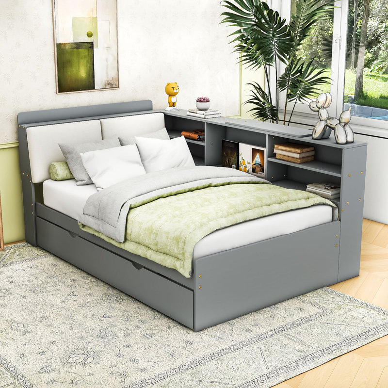 Lit plateforme en bois avec lit gigogne simple Harlow, Gris, Double
