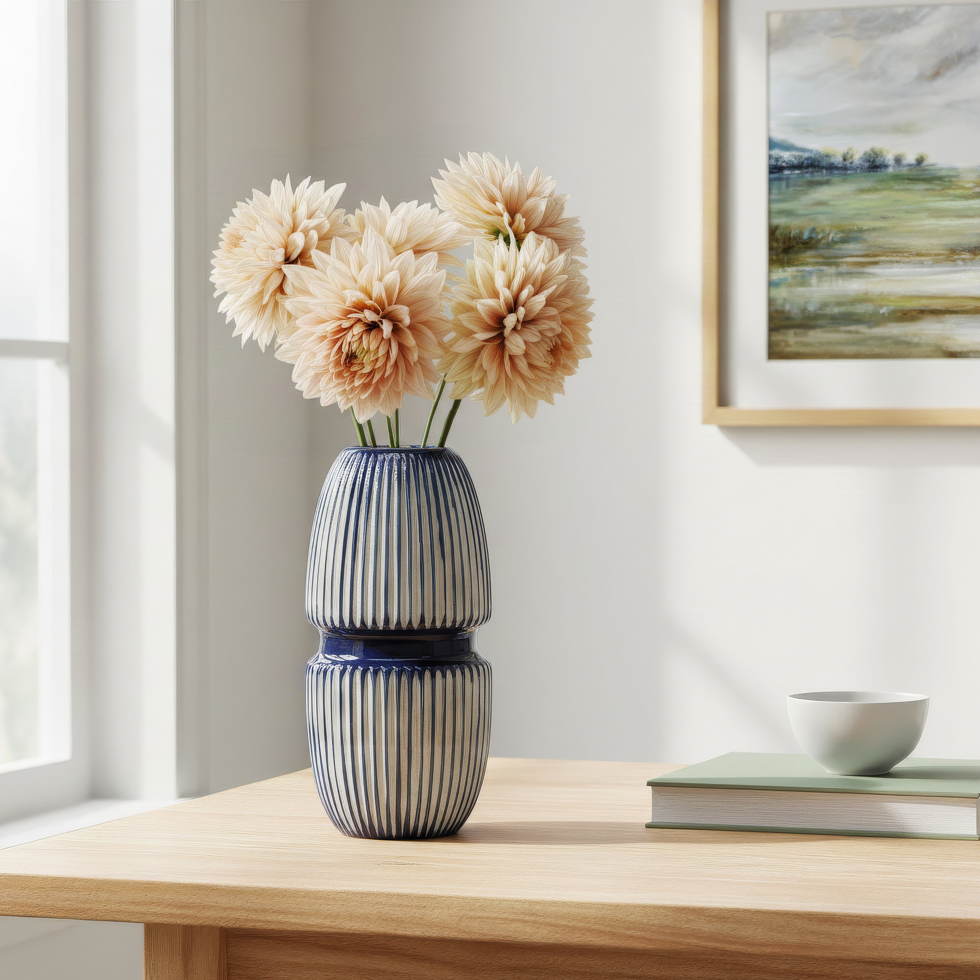 Ceramic Round Mallet Vase, Blue, Round, Abstract, 12.2" H x 5.91" W x 5.91" D