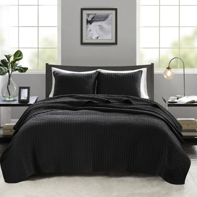 Courtepointe noire pour lit simple / simple TG, tissu en microfibre et coton, climats divers réversibles, 2 pièces avec 1 taie décorative, ornement en forme de canal noir très grand, housse intérieure, variable incluant le point de piqûre Fascinate