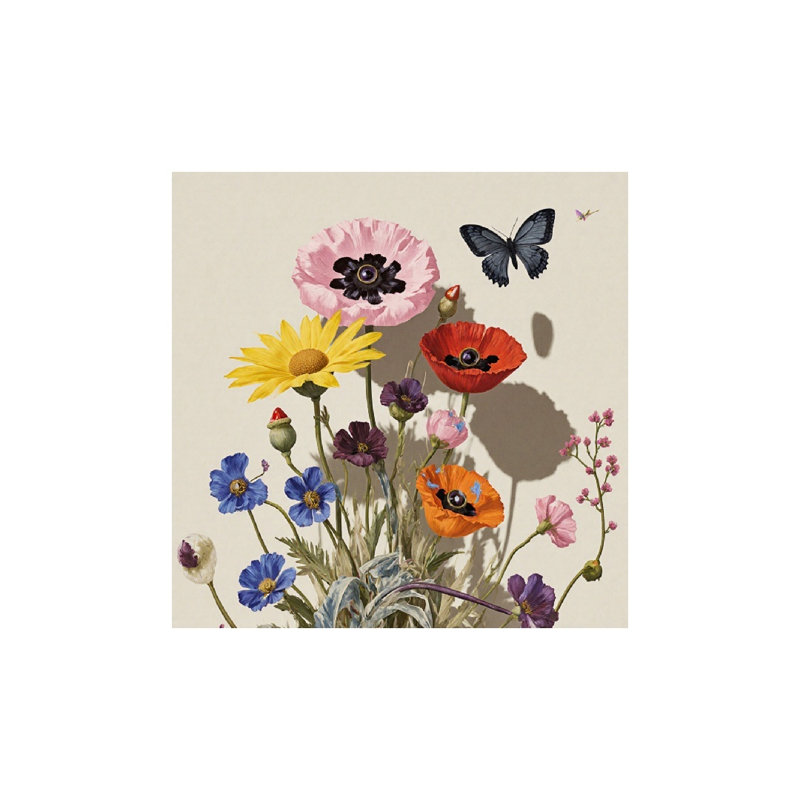 Coquelicots et papillon vibrants, cadre en bois intégré, 16 x 16 po