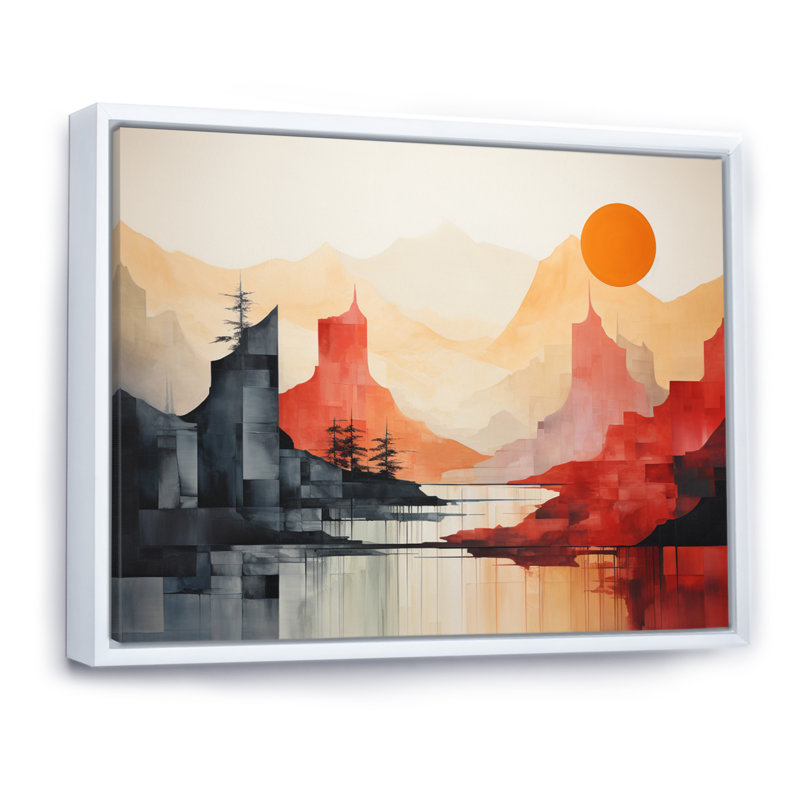 Jamariona, rouge, noir, paysage de montagne abstrait, H 12 po x l 20 po, Cadre flottant blanc