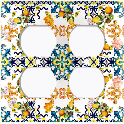 Blue Yellow Damask Tile Fruit White Patterned 2 - Gang Duplex Outlet Standard Wall Plate