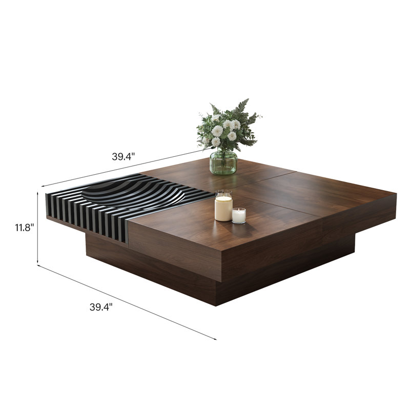Zaryia Modern Square Walnut Wood Coffee Table with Sliding Top and Hidden Storage Compartment, 11.8" H x 39.4" L x 39.4" W