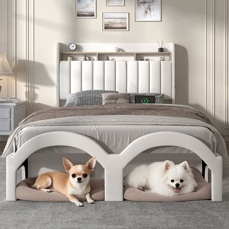 Bed Frame with Storage Drawers Pockets and Galaxy Star Projector Upholstered Wingback Headboard, White, Queen