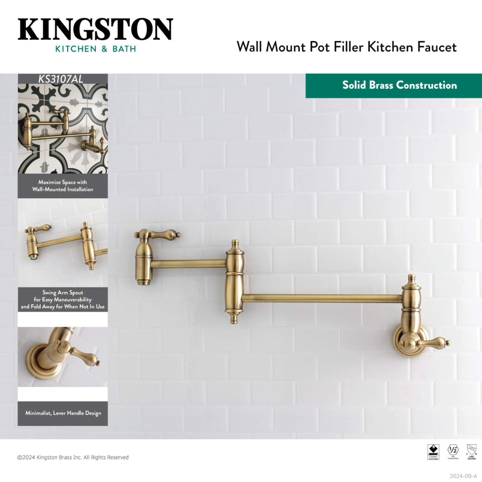 Kingston Brass Restoration Two-Handle 1-Hole Wall Mount Pot Filler Faucet, Polished Brass