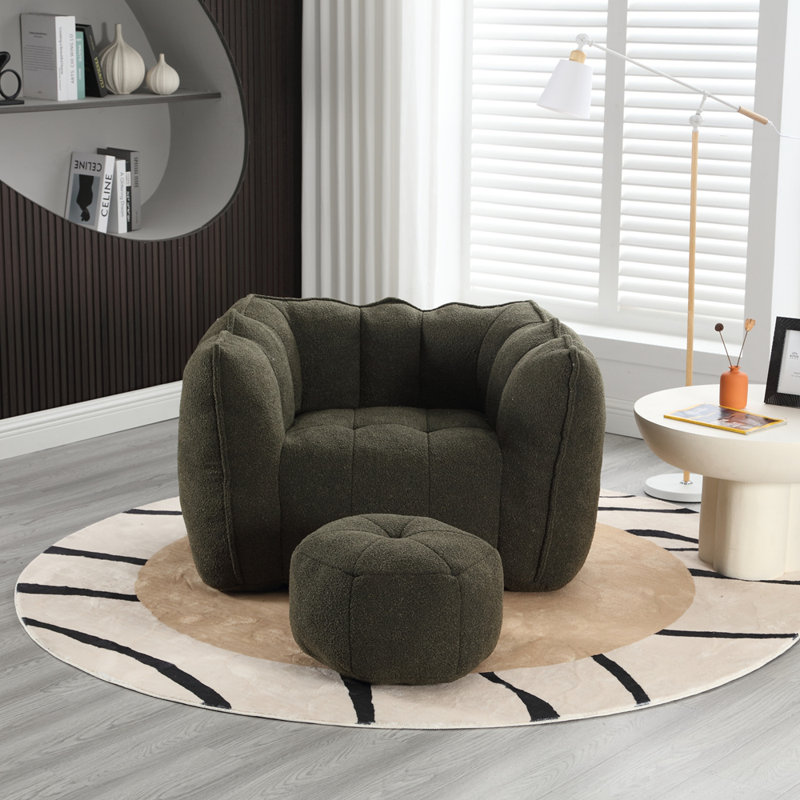 Fauteuil à billes avec repose-pieds Lazy, Chenille vert olive