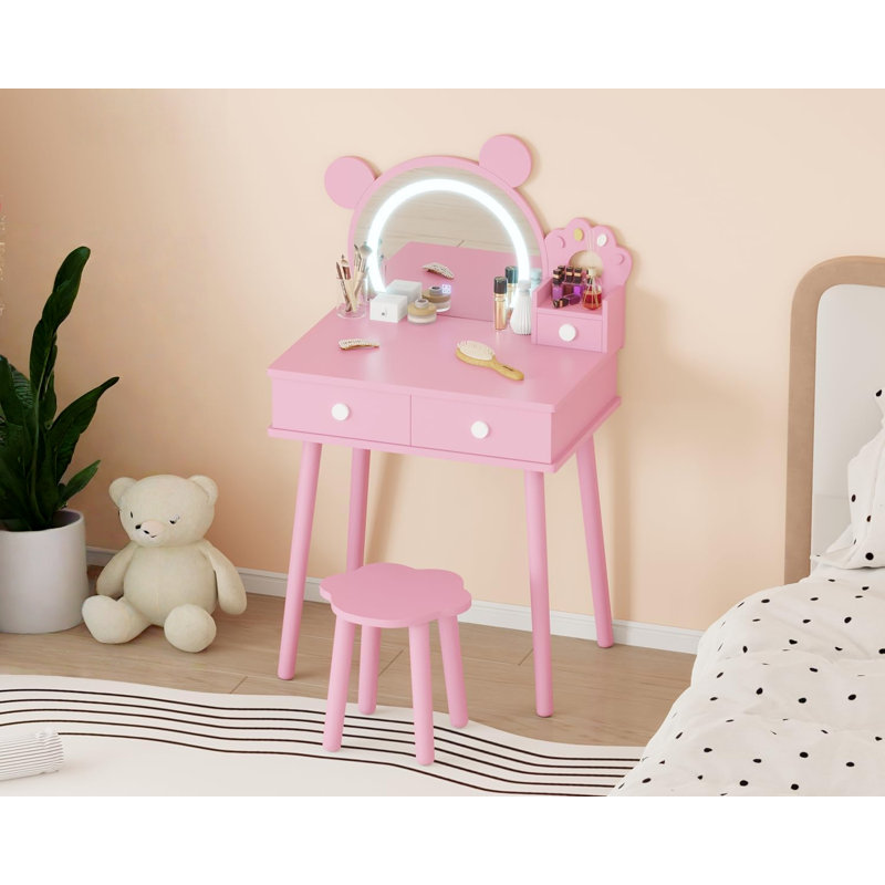 Kids Vanity Table with Lights,Cute Bear-Shaped Dressing Tables with Mirror&Storage Drawers,Wooden Princess Toddler Make Up Table Set,Pretend Play Vanity Sets