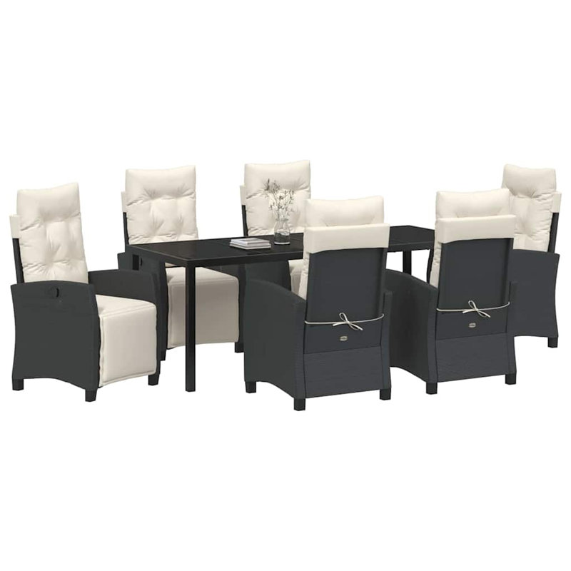  Ensemble de salle à manger de jardin avec coussin 7 pièces en rotin de polyester noir, Beige Cushion/Black Frame, 6