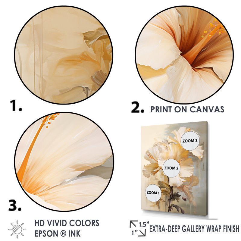 Peinture d'hibiscus beige III, Cadre flottant blanc, H 44 po x l 34 po x P 1,5 po