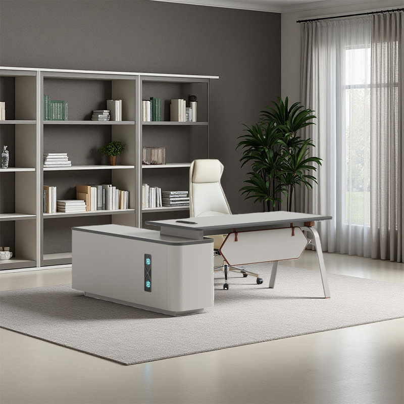 Light gray office desk and chair set