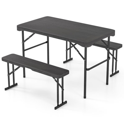 Outdoor Table Bench Set Folding Picnic Table Set w/ 2 Benches Sturdy Metal Frame by Ebern Designs
