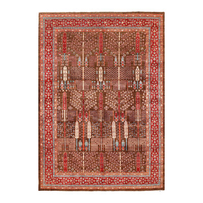 Tapis brun / rouge en laine noué à la main de conception unique 9 pi 9 po x 14 pi