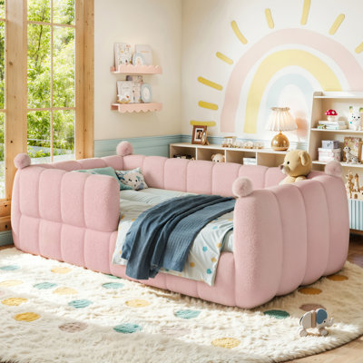Lit simple tapissier pour lit simple pour enfant, lit de sol Montessori avec rails de sécurité entourant le lit, cadre de lit d'enfant bas pour enfants, rose