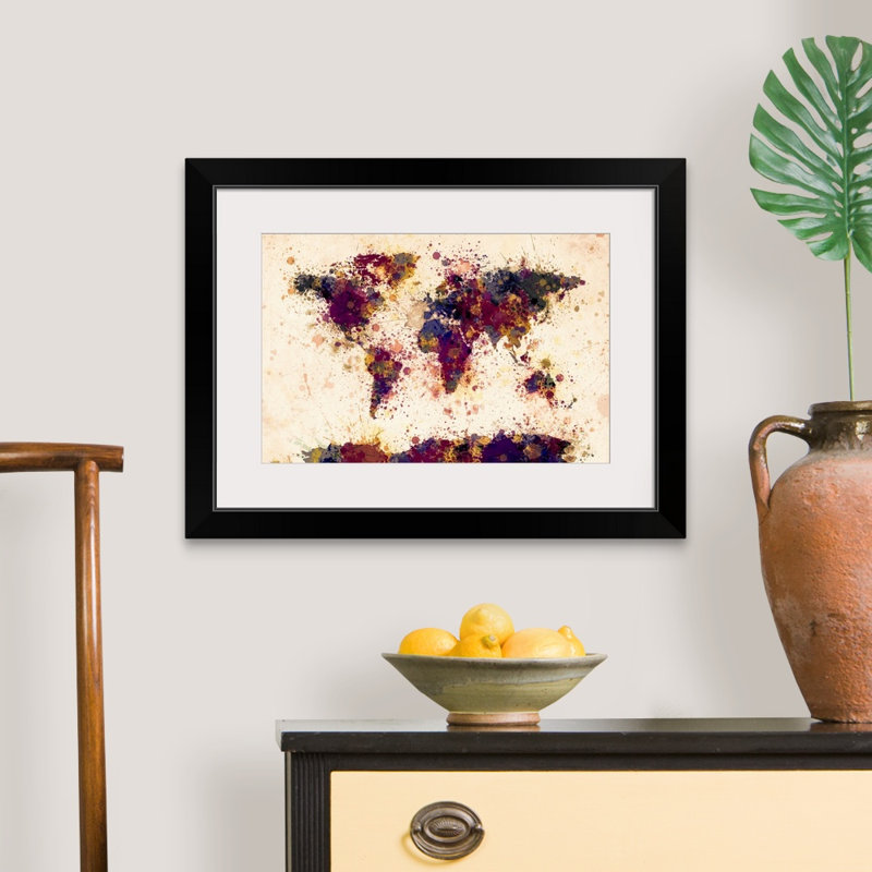 «World Map Paint Splash» par Francy, impression en jaune et bleu, H 20 po x l 26 po x P 1 po, Rouge / Bleu / Jaune