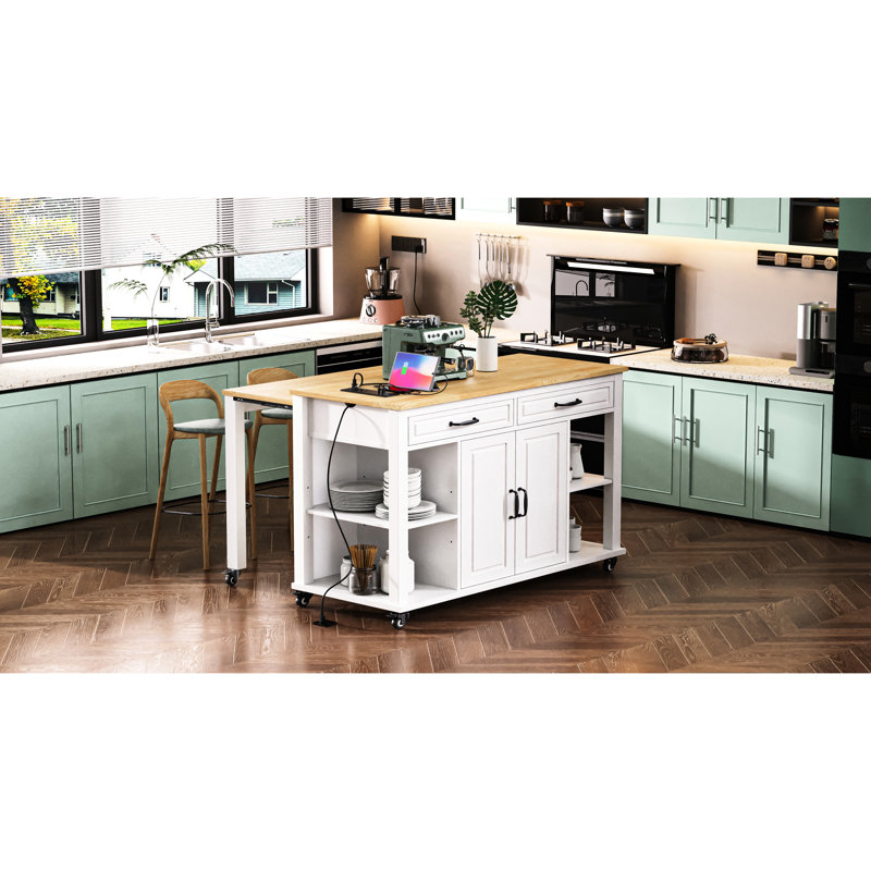 Îlot de cuisine de 47,2 po avec table de salle à manger extensible, rangement interne et station de charge intégrée pour support de divertissement, prise de courant, cuisines à panneaux texturés