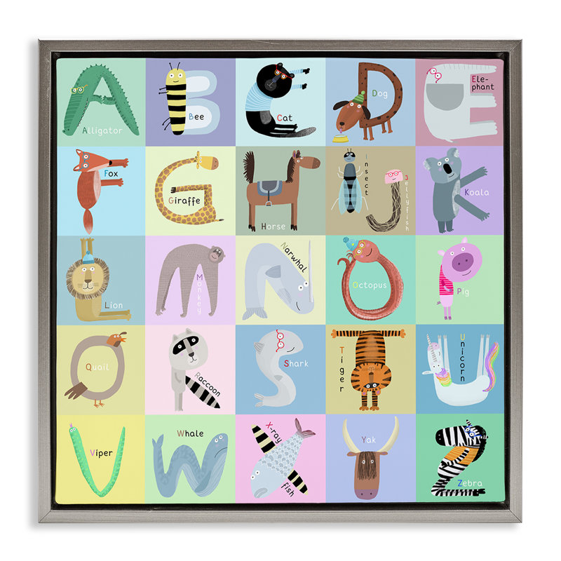 Animaux amusants, lettres éducatives, Cadre flottant gris lustré, H 18 po x l 18 po