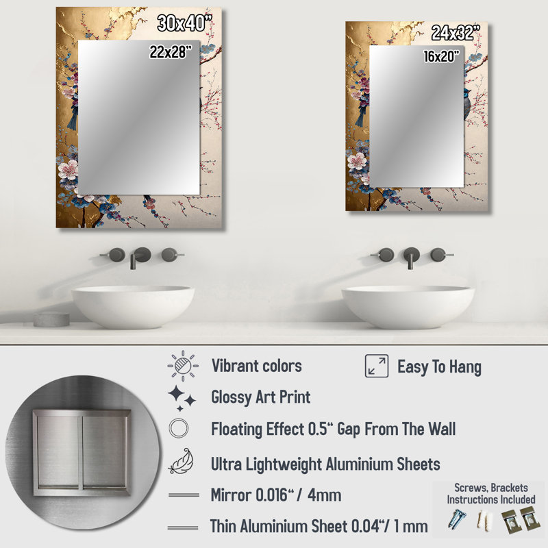 Multicolor Birds On Plum Blossoms Tree II - Bird Unique Wall Mirror Decor, Beige Large Mirror, Printed Metal Art, 40" x 30"