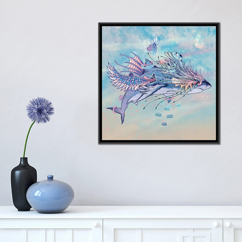 « voyageing rites requin », impression sur toile, H 18 po x l 18 po x P 1,5 po, Toile avec cadre noir, Pas de tapis