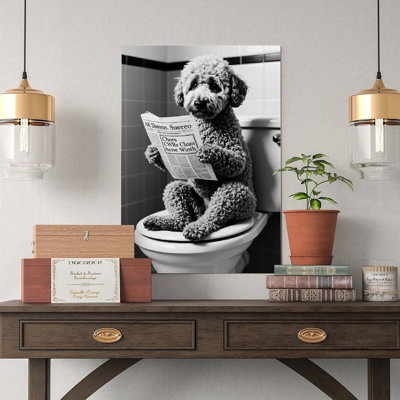 Canvas Wall Art Dog Sitting on The Toilet Reading A Newspaper Poster 2-1 Vintage Poster Print Home Decor
