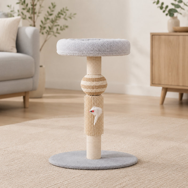 Grattoir compact pour chat avec perchoir, brosse de toilettage et jouet en plumes, 13 x 13 x 23,6 pouces