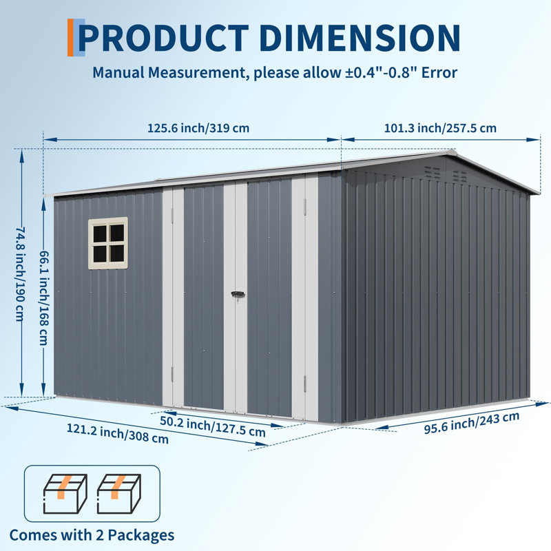Remise de rangement extérieure en métal 10 x 8 pi avec portes doubles verrouillables, fenêtre, évents et construction résistante aux intempéries pour la cour