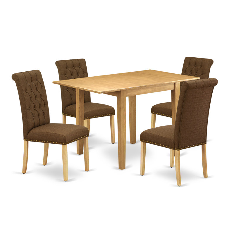 L'ensemble de table de salle à manger 5 pièces pour 4 personnes comprend une table de cuisine rectangulaire avec Dropleaf et 4 chaises rembourrées en tissu de lin brun, chêne